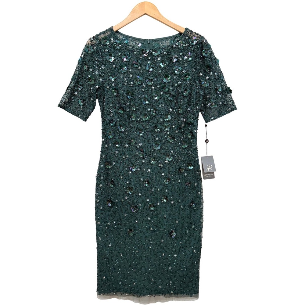 Adrianna Papell Green Beaded Floral Sequin Cocktail Dress AP1E207750 Size 6 NEW